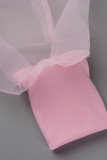 Розовые модные повседневные однотонные лоскутные платья с круглым вырезом и длинными рукавами