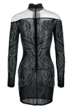 Vestidos de manga comprida preto moda sexy patchwork furação a quente transparente meia gola alta