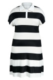 White Fashion Casual Plus Size Striped Print Basic Turndown Collar Short Sleeve Dress