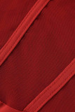 Vestidos de talla grande de manga larga con cuello en V transparente de patchwork sexy de moda roja