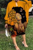 Orange Fashion Casual Print Hollowed Out Half A Turtleneck Long Sleeve Dresses