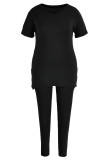 ブラックファッションカジュアルソリッドスリットVネックプラスサイズツーピース