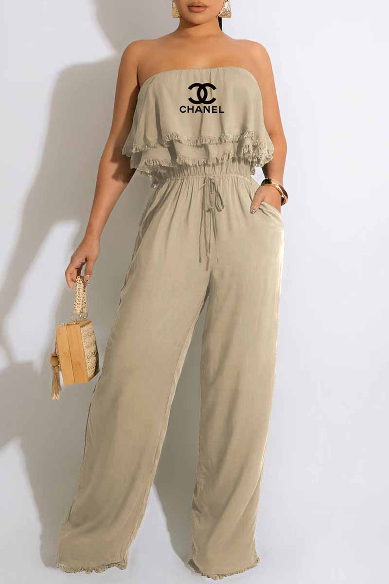 

Khaki Fashion Casual Print Patchwork Letter Strapless Jumpsuits