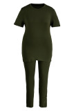 Army Green Fashion Casual Solid Basic O Neck Plus Size Two Pieces