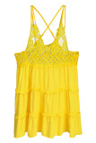 Желтое модное сексуальное однотонное кружевное платье с открытой спиной и V-образным вырезом на бретелях Платья больших размеров