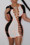Pink Sexy Solid Bandage Hollowed Out Patchwork O Neck Pencil Skirt Dresses