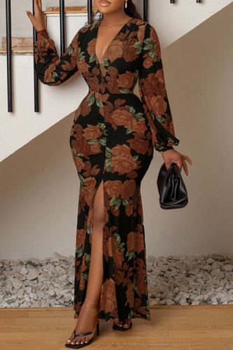 Brown Fashion Casual Print Slit V Neck Long Sleeve Dresses