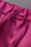 ローズレッドファッションカジュアルソリッドベーシックターンダウンカラー半袖ツーピース
