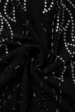 Negro Moda Sexy Patchwork Perforación en caliente Transparente Medio cuello alto Vestidos de manga larga