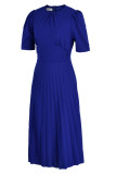 Синее модное повседневное однотонное лоскутное платье с круглым вырезом и коротким рукавом