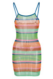 Green Fashion Sexy Print See-through Backless Spaghetti Strap Sleeveless Dress