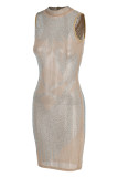 Aprikos Mode Sexig Patchwork Hot Drilling Genomskinlig Half A Turtleneck ärmlös klänning