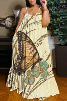 Jaune clair mode sexy décontracté papillon imprimé dos nu spaghetti sangle longue robe robes