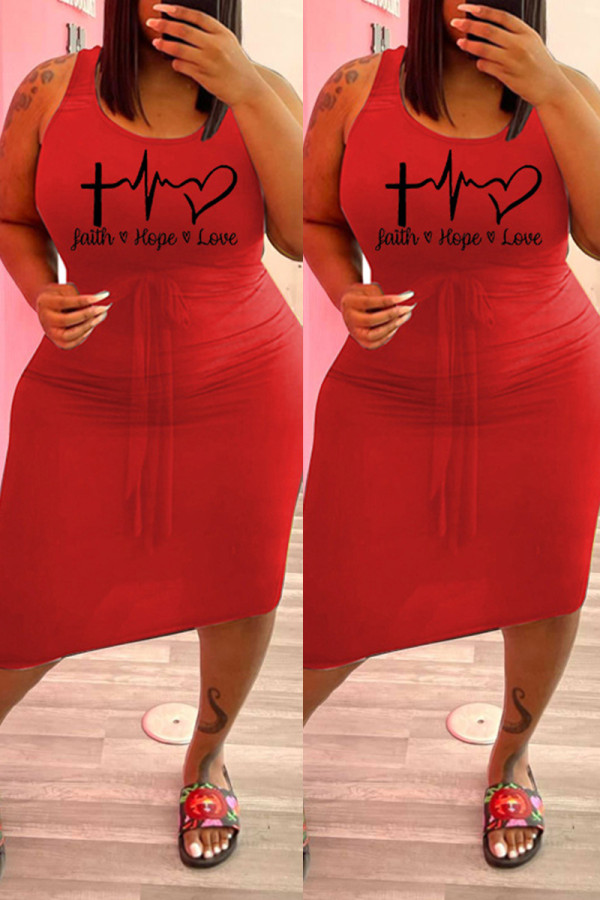 Красное модное повседневное платье больших размеров с принтом и U-образным вырезом