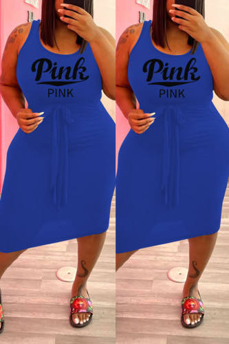 Blue Fashion Casual Plus Size Letter Print Basic U Neck Vest Dress