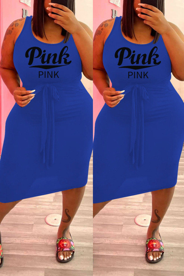 Blau Mode Casual Plus Size Letter Print Basic U-Ausschnitt Weste Kleid