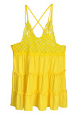 Gelbe Art und Weise reizvolle feste Spitze rückenfreies Falten-V-Ausschnitt-Riemen-Kleid plus Größen-Kleider