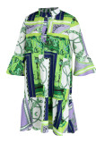 Зеленые повседневные платья трапециевидной формы с отложным воротником и пряжкой в ​​стиле пэчворк
