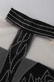 Negro Moda Sexy Patchwork Perforación en caliente Transparente Medio cuello alto Vestidos de manga larga