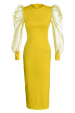 Yellow Fashion Casual Solid Patchwork O Neck Long Sleeve Dresses