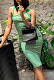Светло-зеленый модный сексуальный полосатый принт в стиле пэчворк с асимметричным воротником и юбкой в ​​один шаг платья