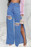 Medium Blue Fashion Casual Print Patchwork Slit High Waist Regular Denim Jeans