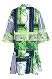 Green Casual Print Patchwork Buckle Turndown Collar A Line Dresses