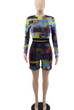 Multicolor Casual Street Print Patchwork O Neck Long Sleeve Two Pieces