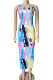 Цветной сексуальный принт в стиле пэчворк с U-образным вырезом, одноступенчатые юбки, платья