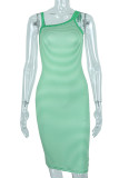 Light Green Fashion Sexy Striped Print Patchwork Asymmetrical Collar One Step Skirt Dresses