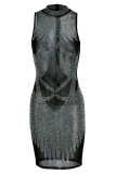 Black Fashion Sexy Patchwork Hot Drilling See-through Half A Turtleneck Sleeveless Dress