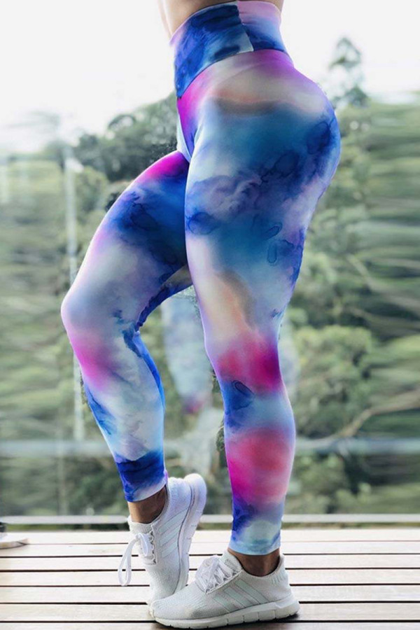 Pantaloni a matita a vita alta attillati di base con stampa di abbigliamento sportivo casual alla moda blu colorati