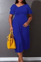 ブルー カジュアル ソリッド パッチワーク フラウンス フォールド 非対称カラー ストレート ドレス