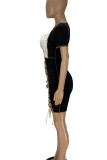 ローズレッドのセクシーなソリッドバンデージ中空アウトパッチワークOネックペンシルスカートドレス