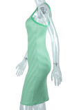 ライトグリーンファッションセクシーなストライププリントパッチワークアシンメトリーカラーワンステップスカートドレス