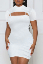 White Sexy Solid Hollowed Out U Neck Short Sleeve Two Pieces