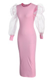 ピンクのファッションカジュアルソリッドパッチワークOネック長袖ドレス