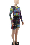 Multicolor Casual Street Print Patchwork O Neck Long Sleeve Two Pieces