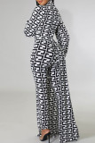 Black White Fashion Casual Print Patchwork Asymmetrical Half A Turtleneck Long Sleeve Two Pieces