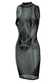 Vestido sin mangas de cuello alto transparente con perforación en caliente de patchwork sexy de moda negro