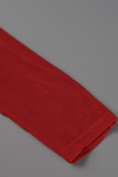 Röd Mode Sexig Patchwork Genomskinlig V-hals Långärmad Plus Size Klänningar