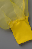 Желтые модные повседневные однотонные лоскутные платья с круглым вырезом и длинными рукавами