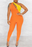 オレンジカジュアルソリッドパッチワークジッパー斜め襟スキニージャンプスーツ