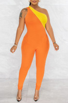 オレンジカジュアルソリッドパッチワークジッパー斜め襟スキニージャンプスーツ