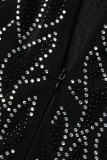 ブラックファッションセクシーパッチワークホットドリルシースルーハーフタートルネック長袖ドレス