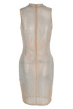 Apricot Fashion Sexy Patchwork Hot Drilling See-through Half A Turtleneck Sleeveless Dress