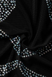 Black Fashion Sexy Patchwork Hot Drilling See-through Half A Turtleneck Sleeveless Dress