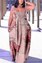 Robe longue mode sexy grande taille imprimé décontracté dos nu bretelles spaghetti rose