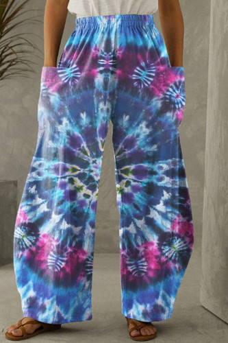 Dark Blue Fashion Casual Print Tie Dye Patchwork Regular High Waist Trousers