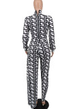 Negro blanco moda casual estampado patchwork asimétrico medio cuello alto manga larga dos piezas